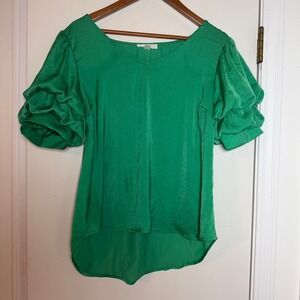MINE Women Emerald Green Ruched Puff Sleeve V Neck High Low Shirt Top L